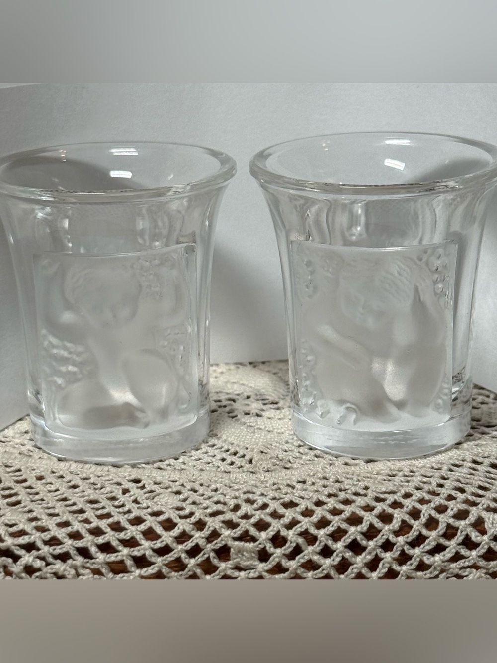 Lalique Frosted Clear Glass”Les Enfants” Cherub Shot Glasses - Set of 2
